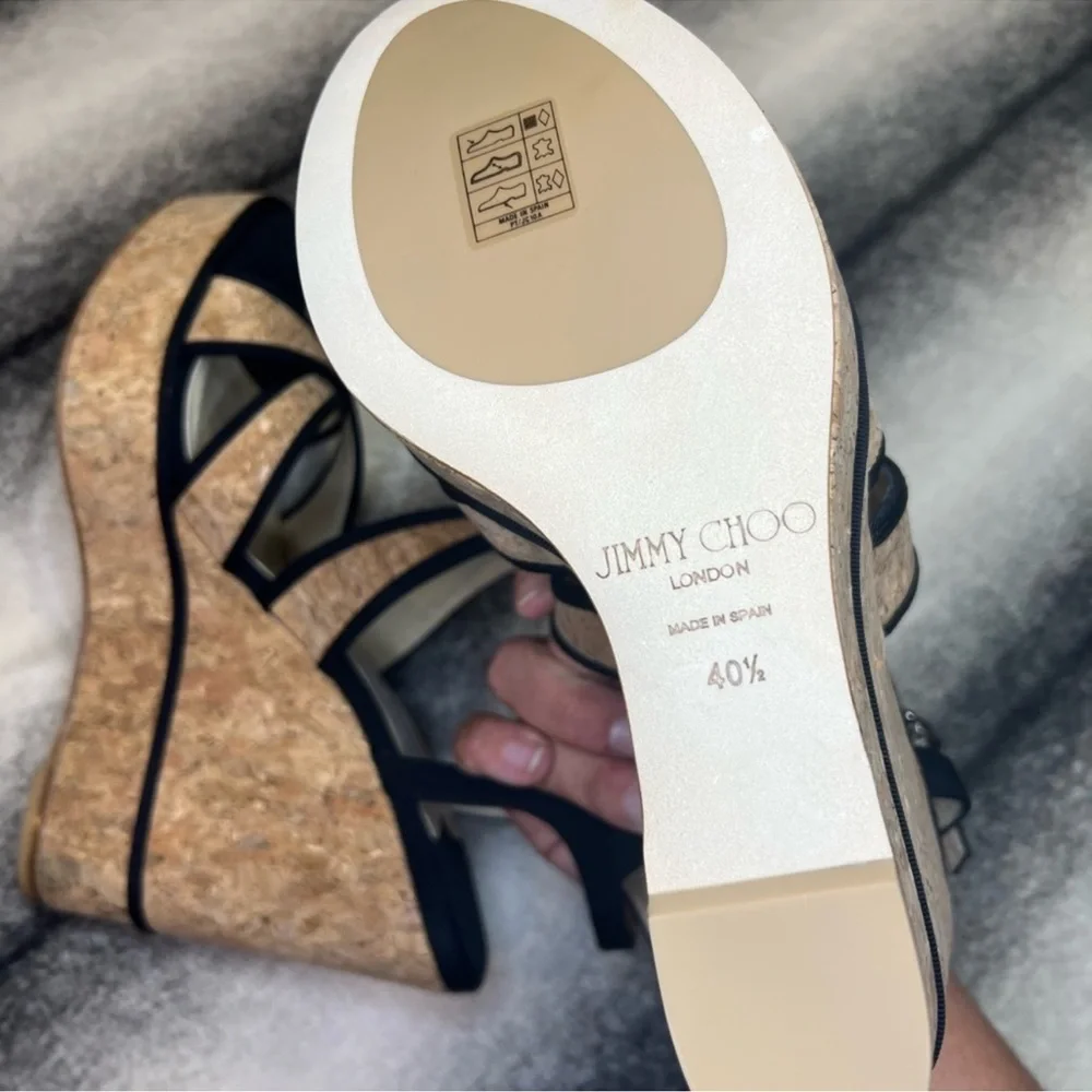 Jimmy Choo Alissa 120 mm Natural Black Cork Grosgrain Wedge Platform Heels